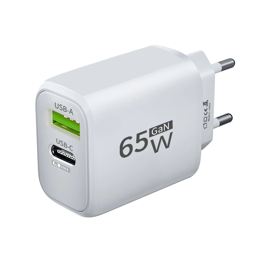 PD 65W GaN USB C Charger Dual Ports USB Type C Charger QC3.0 Fast Charging Charger Power Adapter for iPhone Samsung Xiaomi POCO