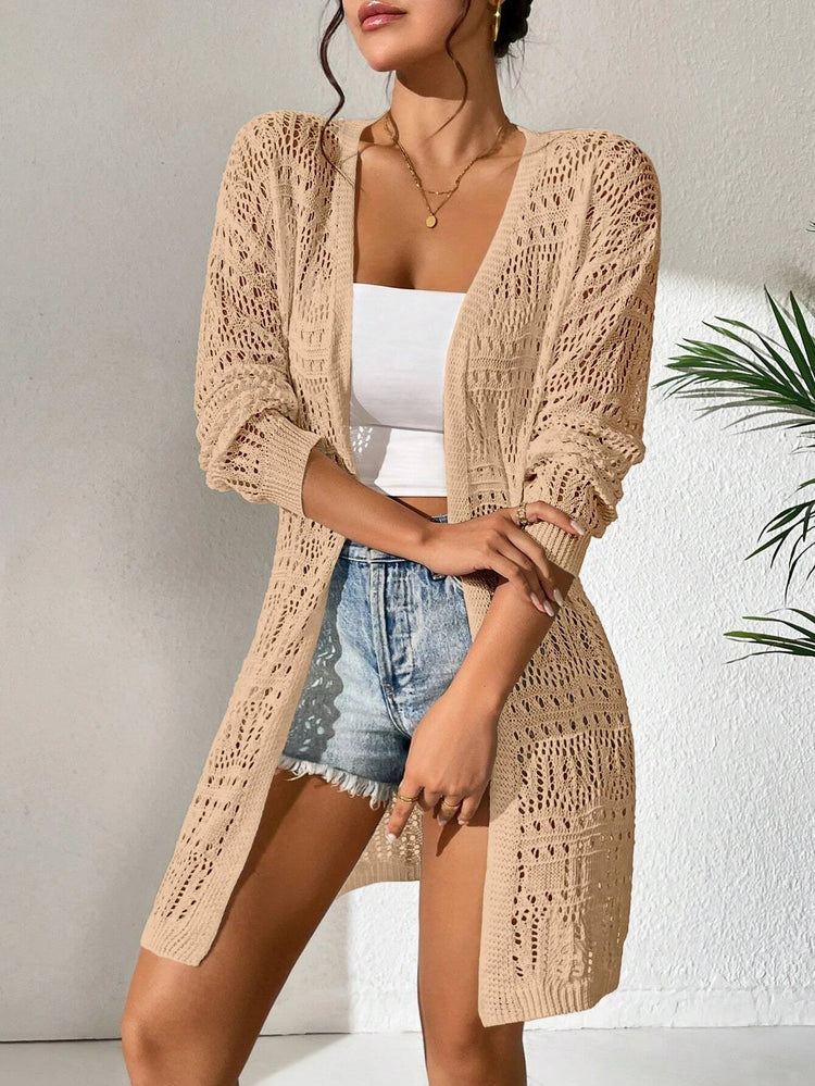 Polyester 100.00% Solid Color Knitted Cardigan with Sun Shading and Loose Fitting Fashion, Mid Length and Elegant Sweater