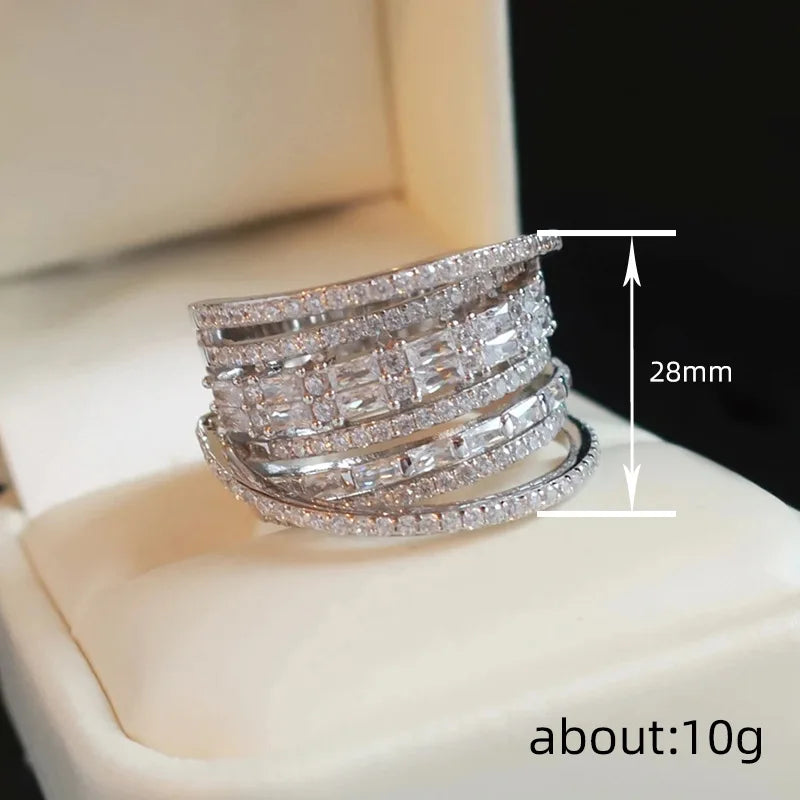 Huitan Fancy Brilliant Irregular Multilayered Wide Rings for Women Luxury Noble Finger Accessories Trendy Wedding Party Jewelry
