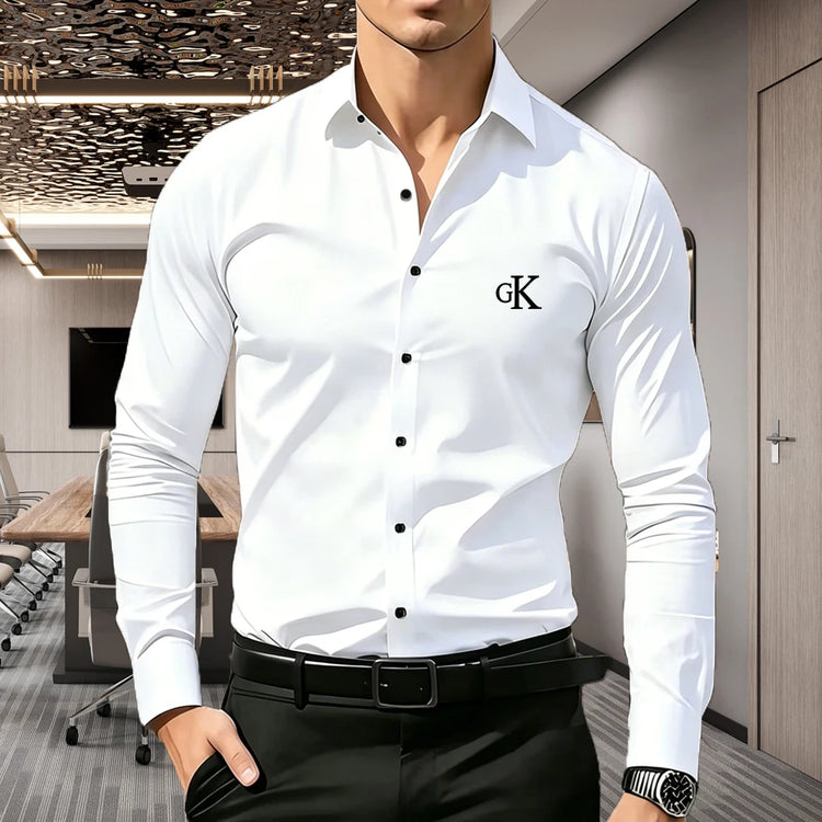 Men's Premium Business Casual Shirt, Word GK Print Slim Fit Long Sleeve Wrinkle Resistant Dress Shirt, 5 Colors Available, S-XXL