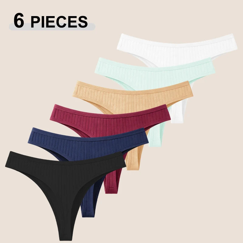 6Pcs/Set Seamless Cotton Thongs Panties For Women Sexy Low Rise Solid Color G-String Underwear Female Ribbed Breathable Lingerie