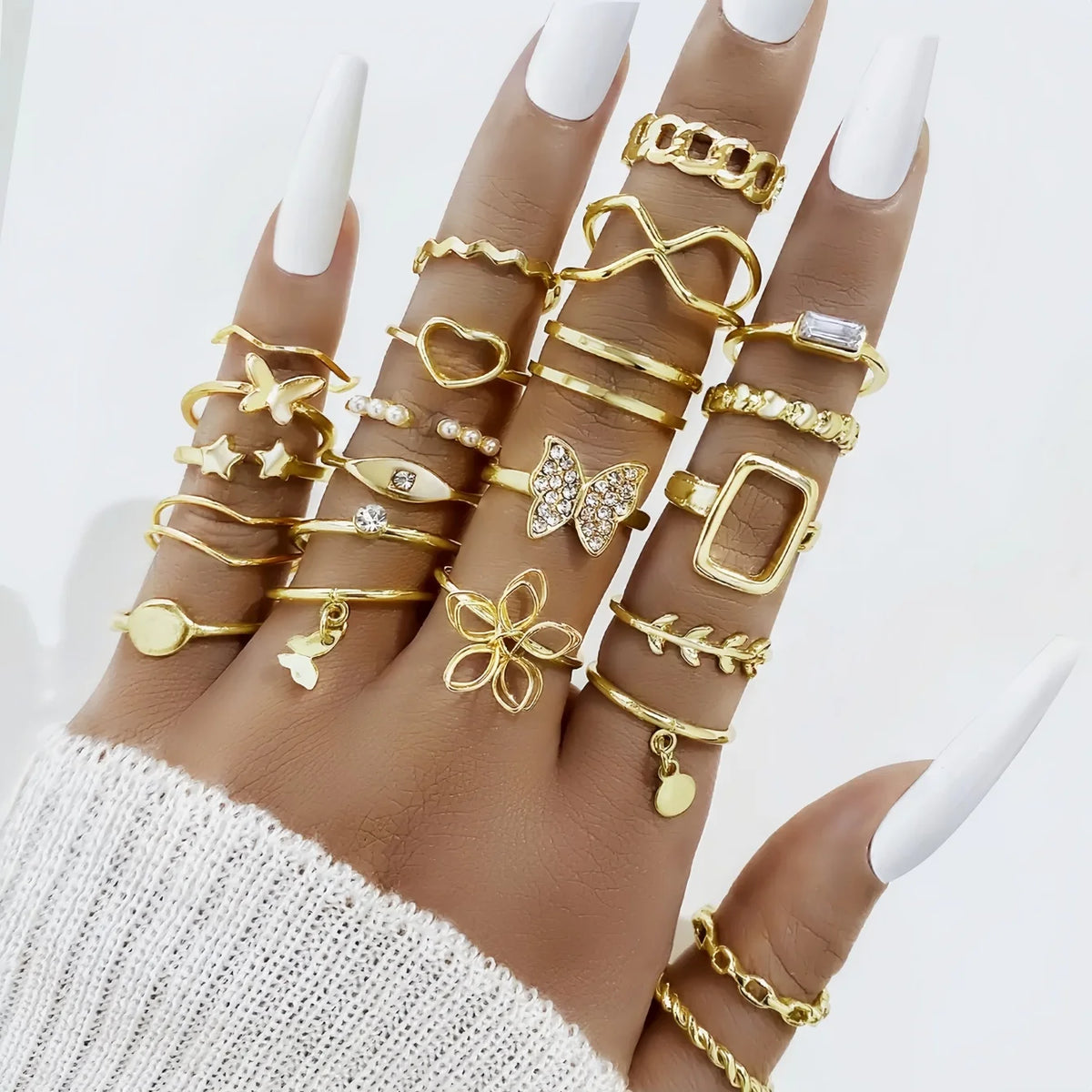 12/24/36/48Pieces Fashion Rhinestone Hollow Rings Set For Women Mix Style Simple Trendy Flowers Heart Daily Jewelry Party Gifts