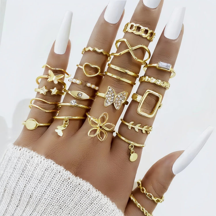 12/24/36/48Pieces Fashion Rhinestone Hollow Rings Set For Women Mix Style Simple Trendy Flowers Heart Daily Jewelry Party Gifts