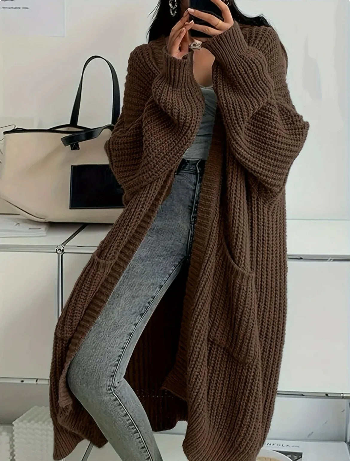 Women Oversized Maxi Cardigan Knitted Sweater Coat With Pockets Autumn Winter Casual Loose Long Sleeve Sweater Outwear Ladies
