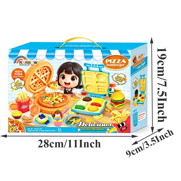 Play Dough Toys Series 12 Colors Pizza Burger Maker Play Dough Kit Kitchen Fast Food Modeling Clay Molds Set Kids Birthday Gift