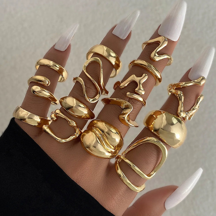 15Pcs/Set Exaggerated Metal Irregular Lines Water Droplet Smooth Rings for Women Men Punk Retro Boho Fashion Jewelry Gift