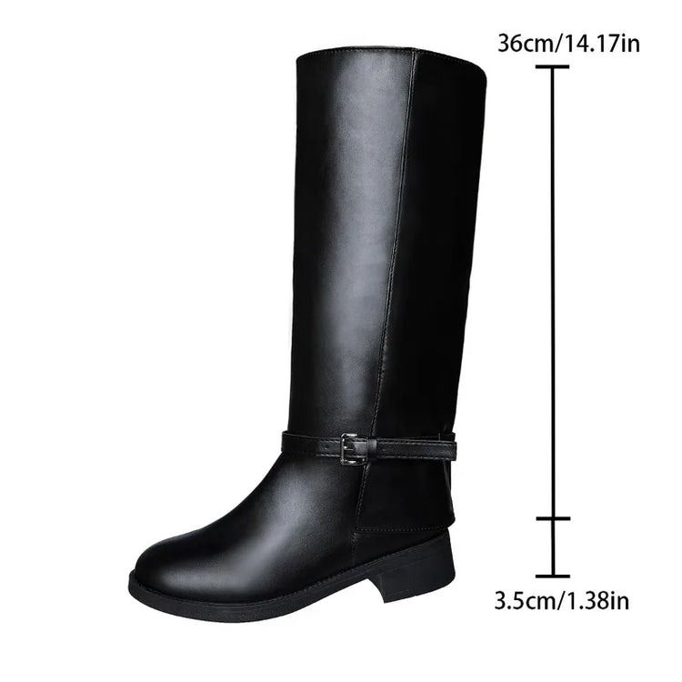 Design Women Knee High Boots Metal Buckle Comfortable Work Heels Shoes Autumn Winter Female Knight Long Booties