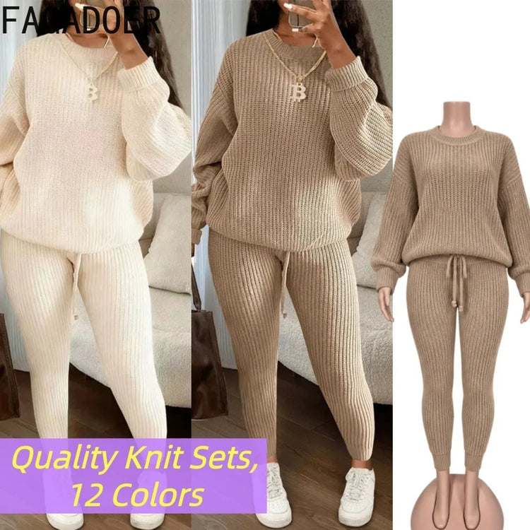 FAGADOER Knitt Sweater 2 Piece Set for Women Autumn Winter Long Sleeve O Neck Sweater + Skinny Pants Sets Casual Outfit Homewear