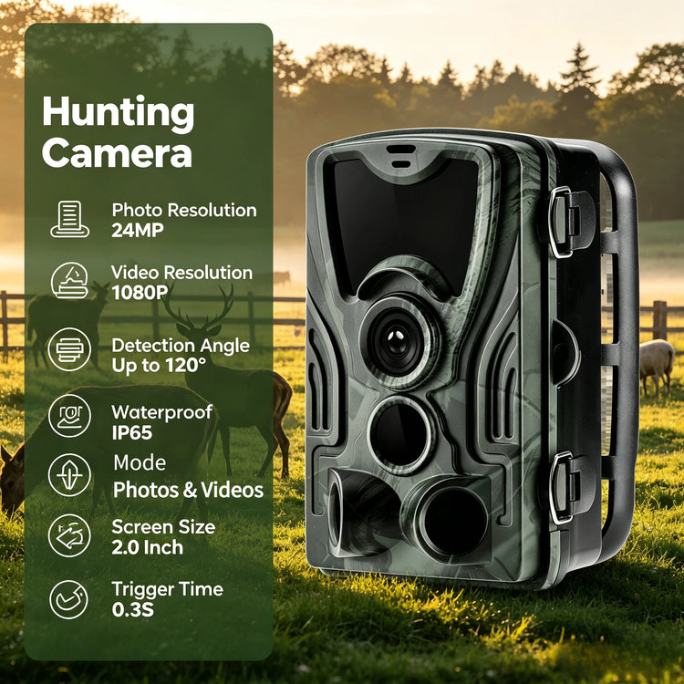 Suntekcam Trail Hunting Camera 24MP 1080P Low Glow IR Night Vision 120° PIR 0.3s Trigger IP66 Waterproof Deer Scouting Camera