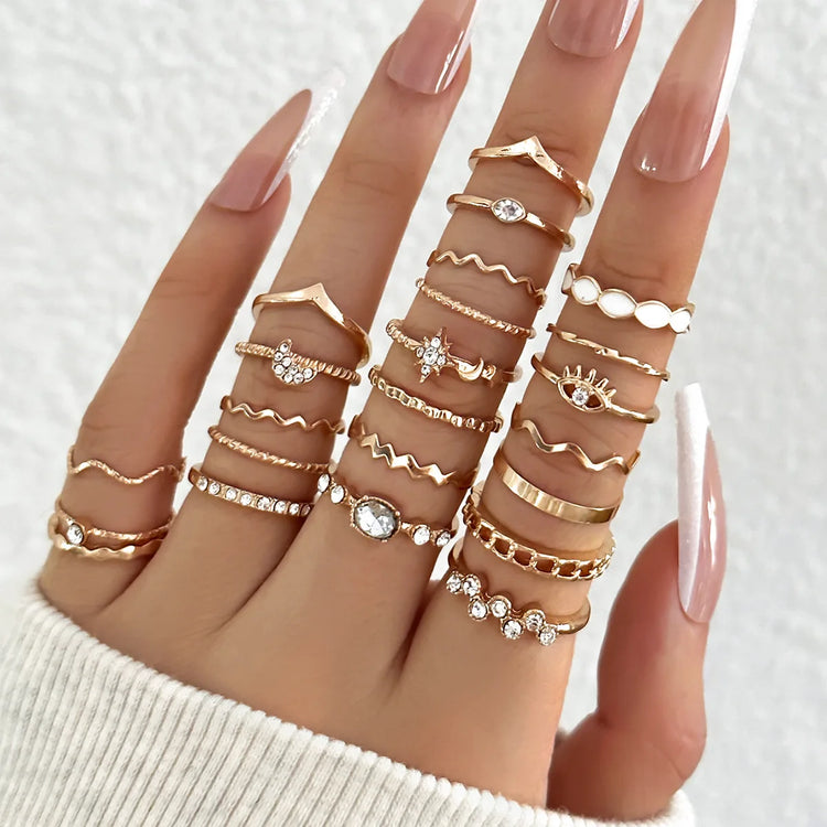 23Pcs Fashion Knuckle Rings Set For Women Crystal Star Moon Eye Wave Gold Silver Color Rings Female Trendy Party Jewelry Gift