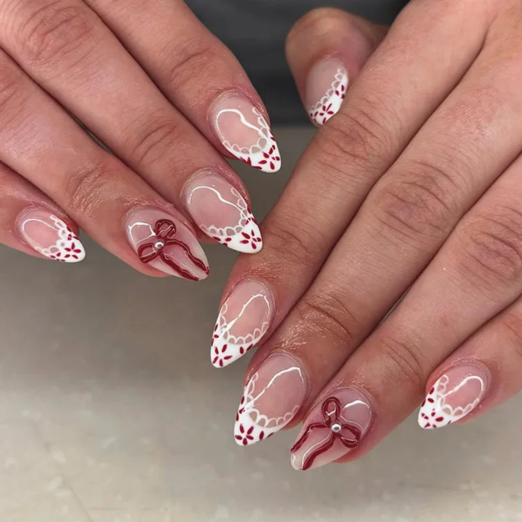 24Pcs French False Nails Almond Fake Nails with Glue Press on White Edge Design Wearable Simple Ins Pink Stiletto Nail Tips