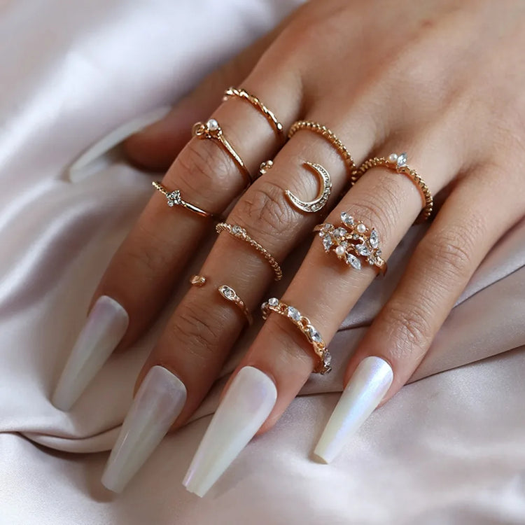 10Pcs Stackable Ring Set for Women Moon Star Heart Leaf Rhinestone Ring Y2K Finger Rings Trendy Jewelry Accessories Party Gifts