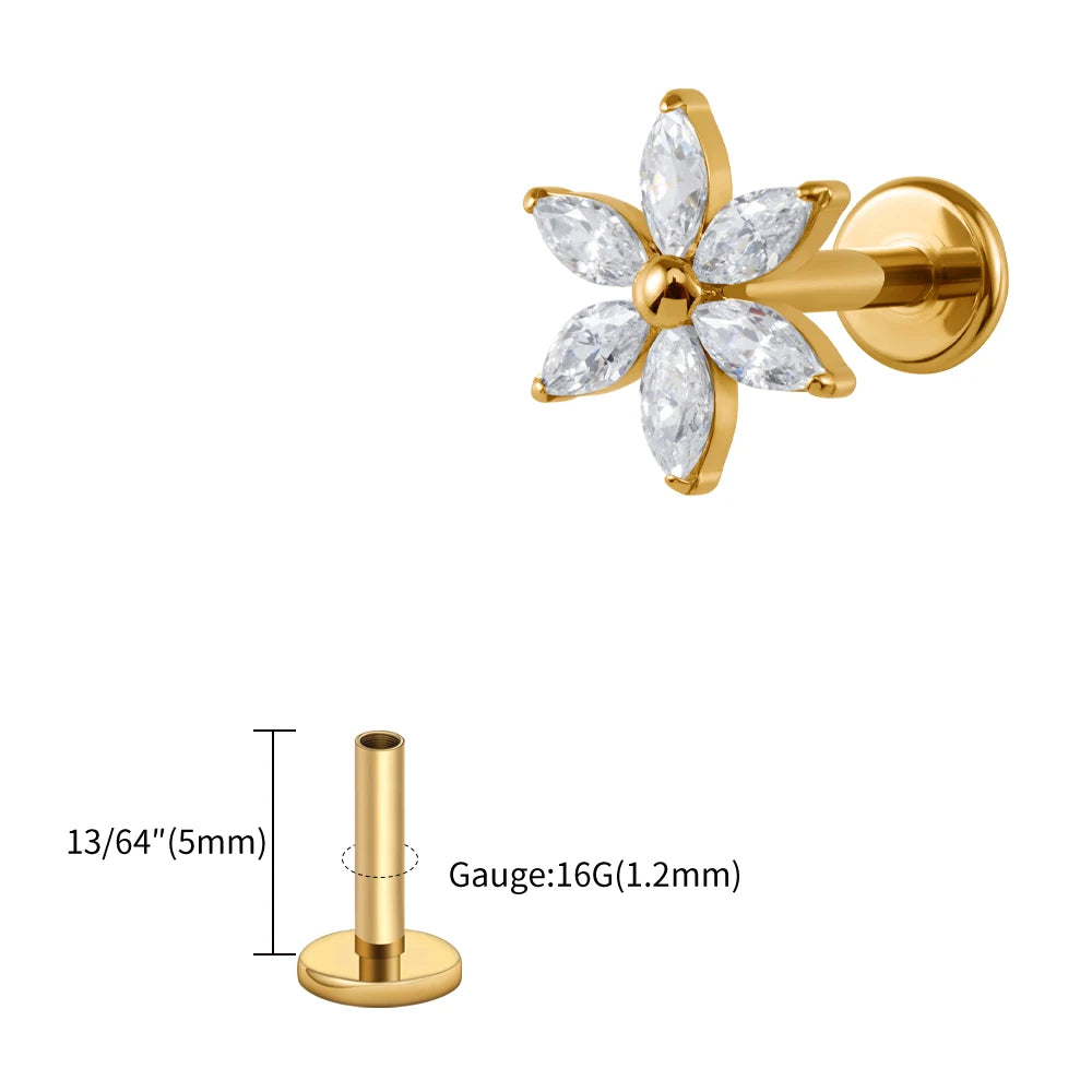 Right Grand ASTM F136 Titanium 16G Marquise Flower CZ Labret Stud Helix Conch Cartilage Tragus Flat Back Piercing Body jewelry