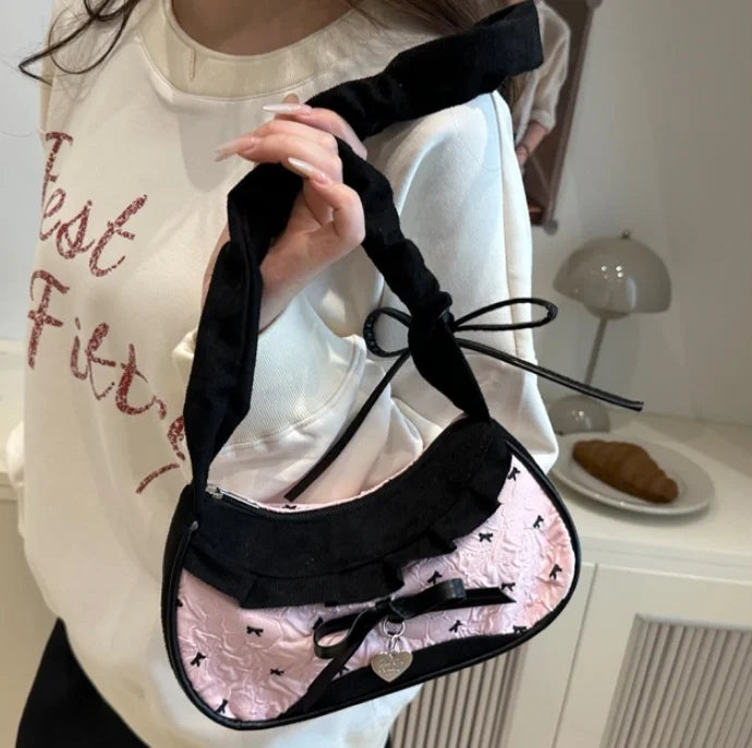 Fashion Grid Women Bag Lace Ribbon Stretchable Shoulder Strap Single Shoulder Underarm Bag Daily Commuting Student Handbag