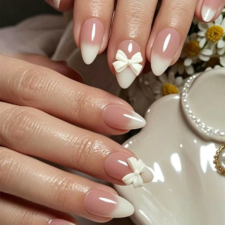 White French Press on Nails 3D Bowknot Fake Nails Tips Full Cover Wearable False Nails for Women and Girls DIY Manicure 24Pcs