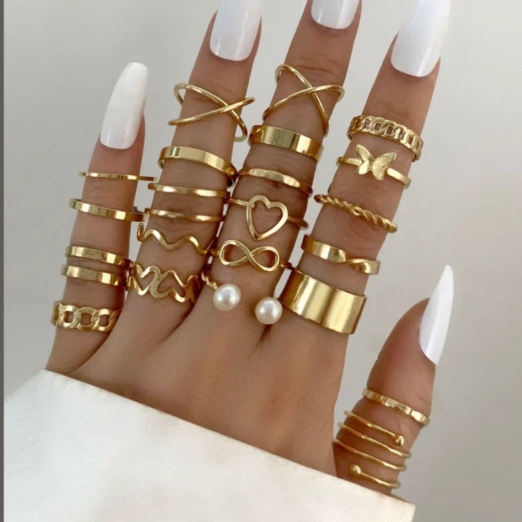 Gold Color Bohemian Rings Set for Women Vintage Geometric Cross Pearl  Finger Stainless Steel Rings Female Trendy Jewelry Gifts