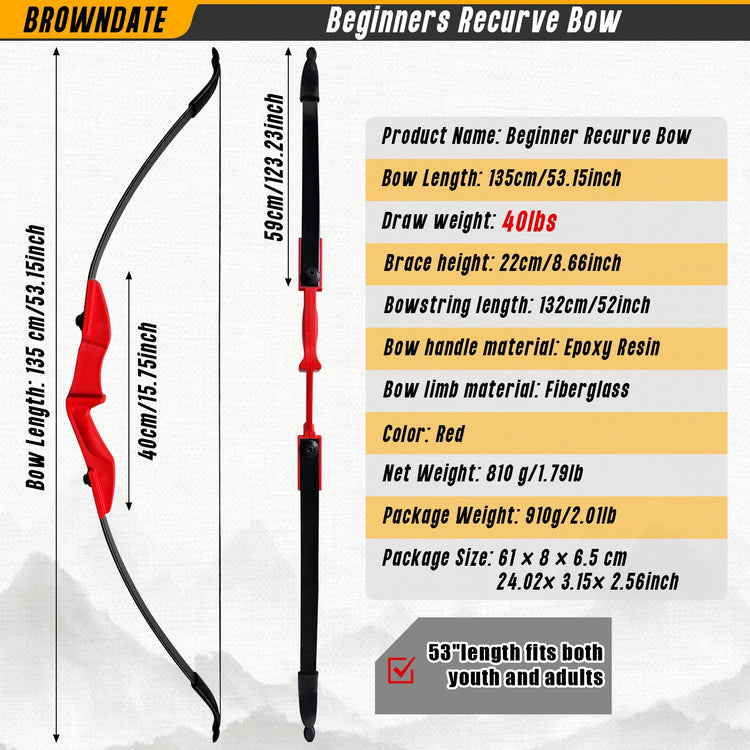 Archery Recurve Bow 53" Standard Set for Adults 20 30 40lb, Takedown Archery Kit for Beginners Right & Left Handed Outdoor Target Practice & Training, Adult Beginners to Advanced Outdoor Target Practice,Red