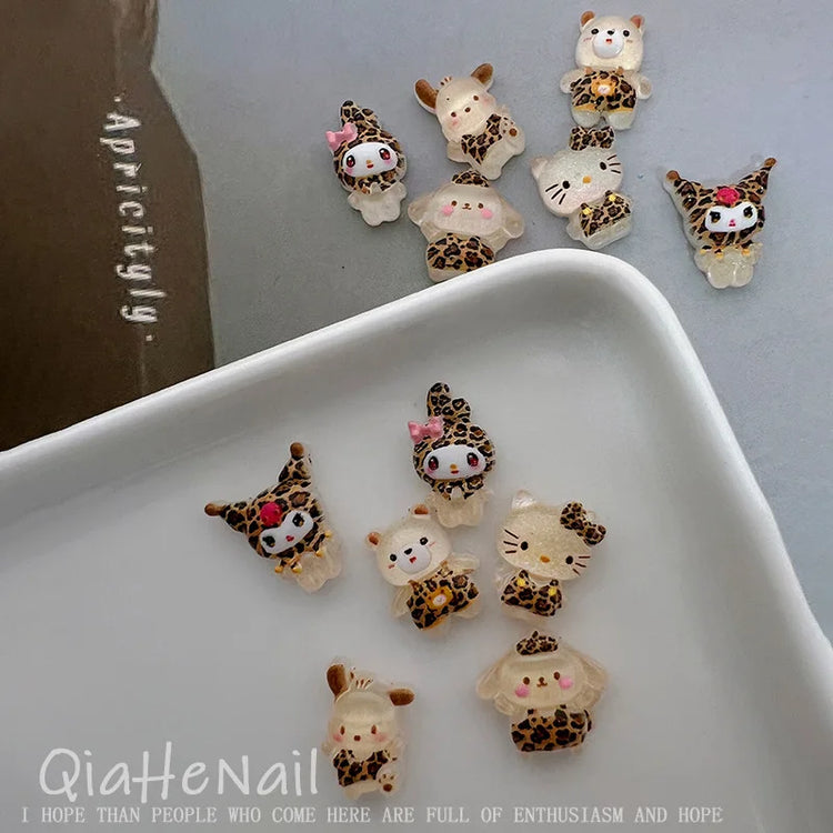 50Pcs Leopard Sanrio 3D Resin Nail Charms Mixed Kuromi My Melody Kitty Nail Parts DIY Manicure Decor Accessories