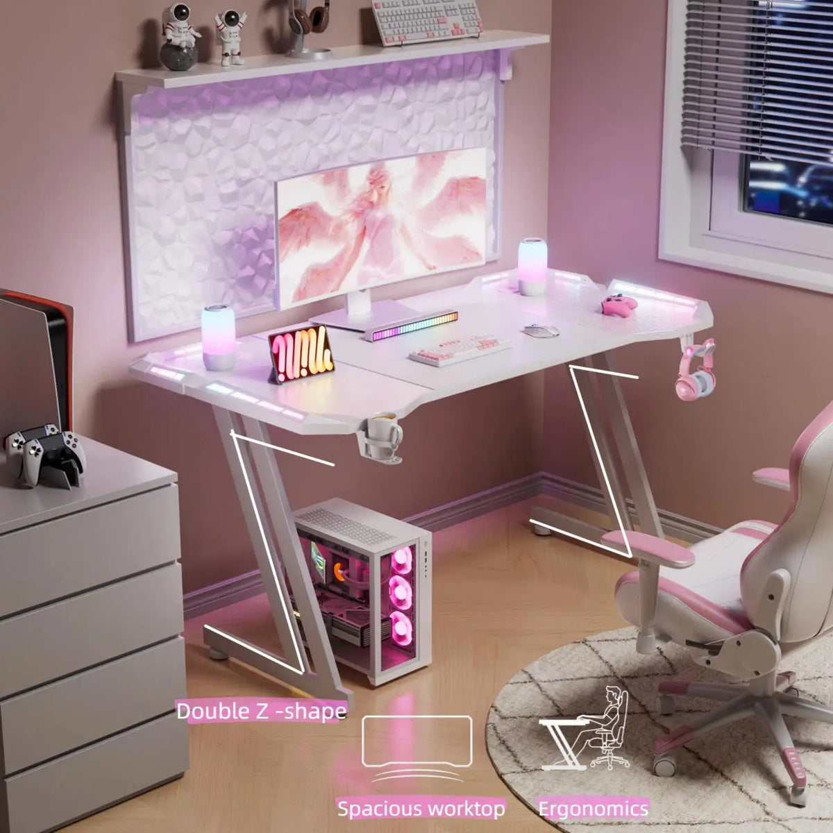 NEBMAAX White Gaming Desk RGB LED Lights Sturdy Z-Frame Workstation with Cup Holder And Headphone Hook for Home Office Gamers