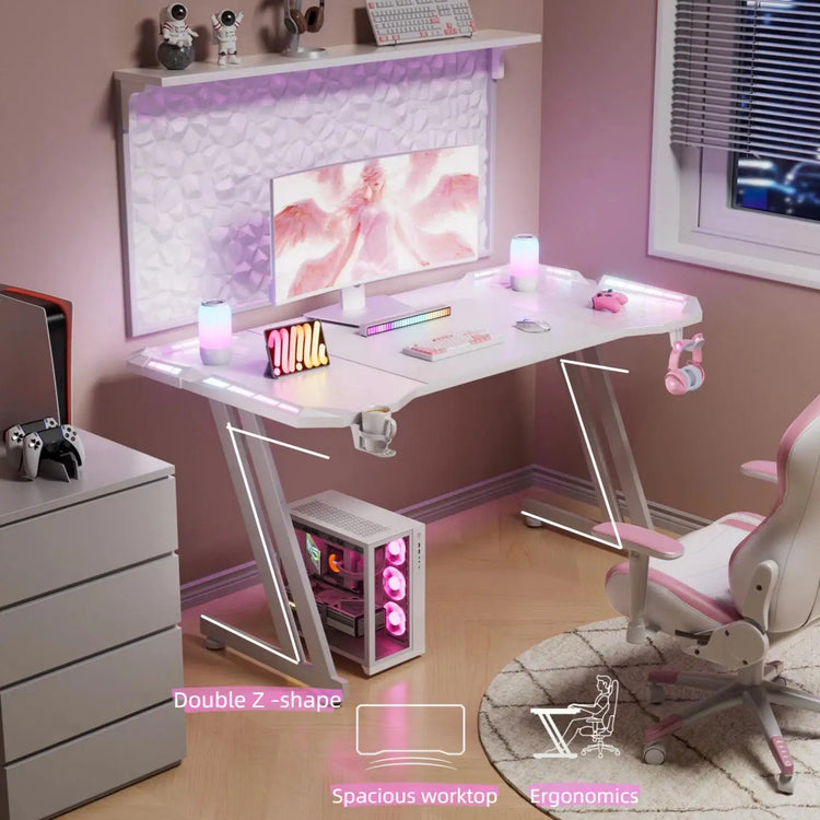 NEBMAAX White Gaming Desk RGB LED Lights Sturdy Z-Frame Workstation with Cup Holder And Headphone Hook for Home Office Gamers