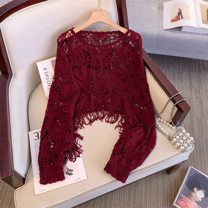 Fashionable Large Size Women's  Hook Hollow Knitted Top round Neck Long Sleeve Tassel Short Style Autumn Outerwear