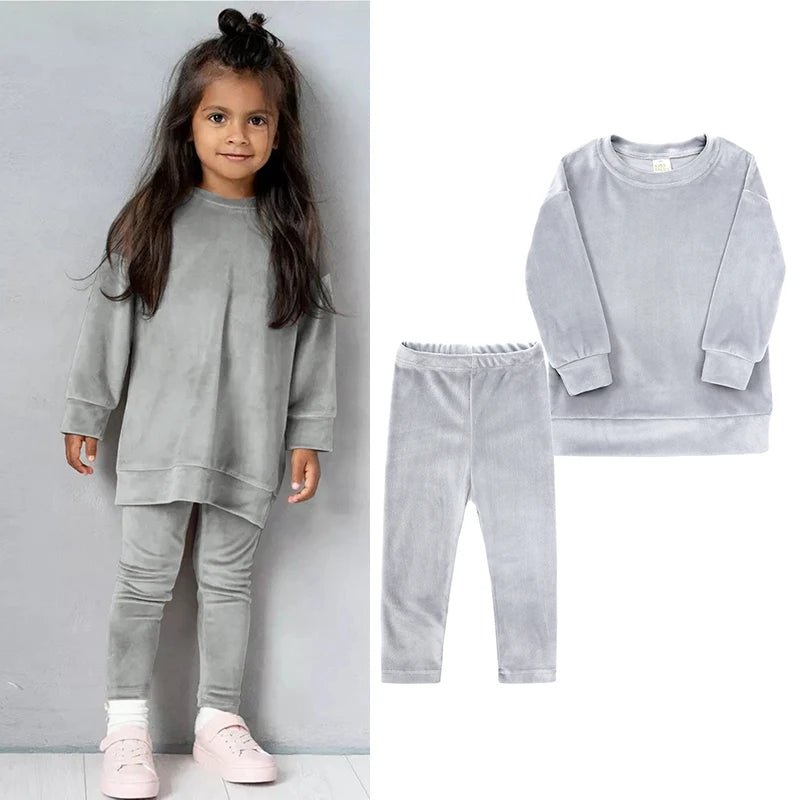 2026 Spring Kids Girl Velvet Suit Long Sleeve Pants Solid Clothes For Infant Toddler Boy Pullover Sweatshirt Set Teenage Outfits