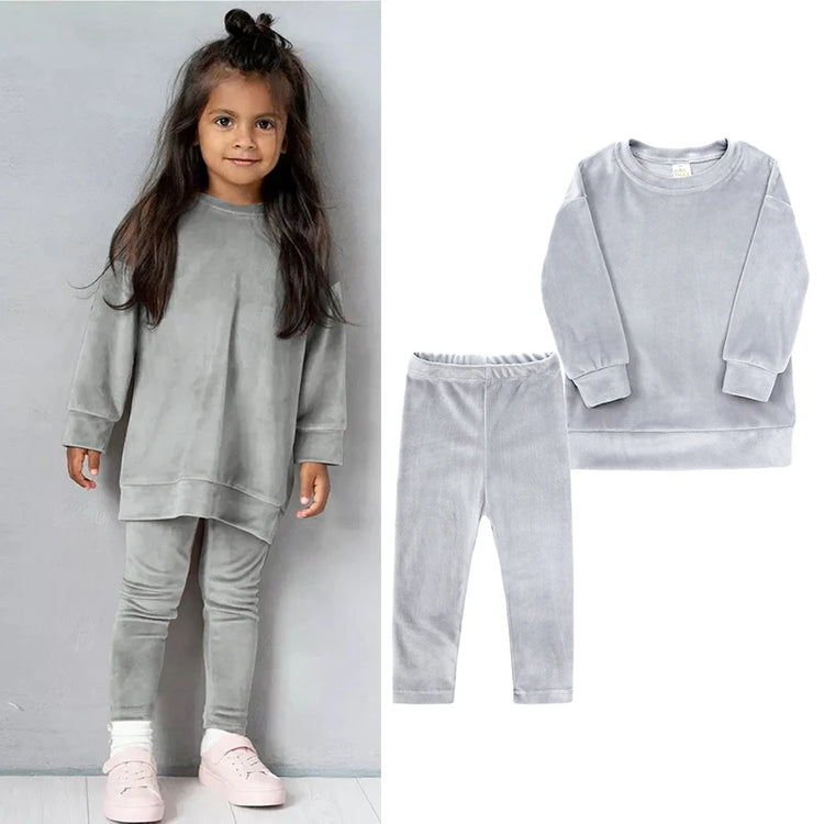 2026 Spring Kids Girl Velvet Suit Long Sleeve Pants Solid Clothes For Infant Toddler Boy Pullover Sweatshirt Set Teenage Outfits