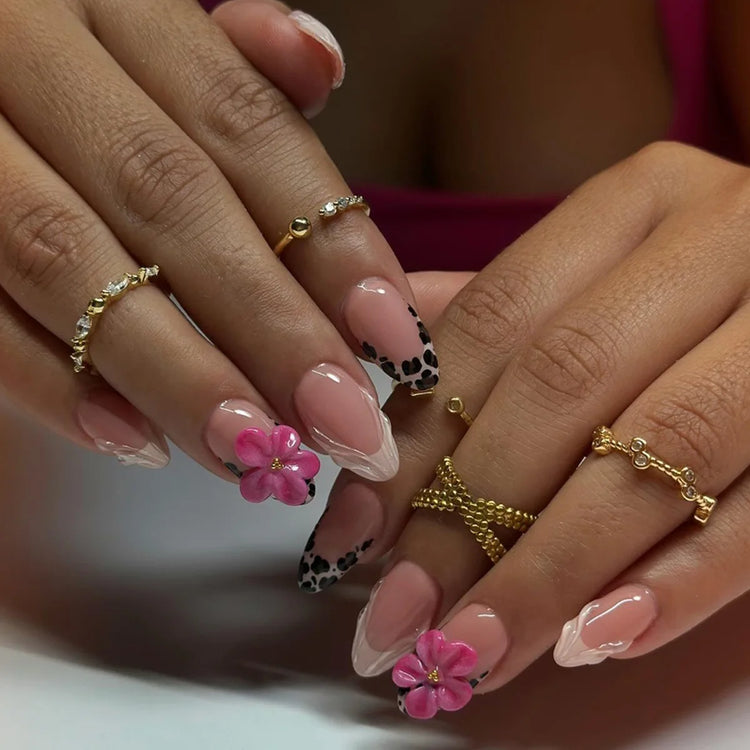 24PCS Pink Almond Press on Nails Full Cover Carved Flower 3D Ripples French Fake Nails for Women with Golden Pearl Wearable Nail