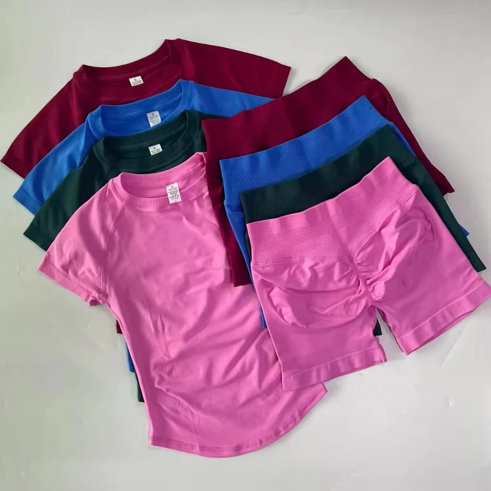 1-2 Pieces Sports Sets Short Sleeve Seamless Yoga Top Gym Suit T-shirt Set Fitness Set Women Workout Running Sports Shorts