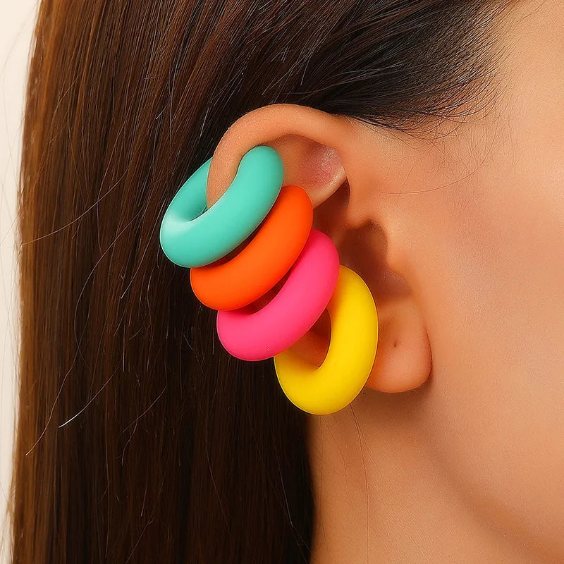 Fashion 4pcs C Shaped Acrylic Ear Clip for Women Simple Gold Silver Color No Pierced Round Earrings Punk Female Jewelry