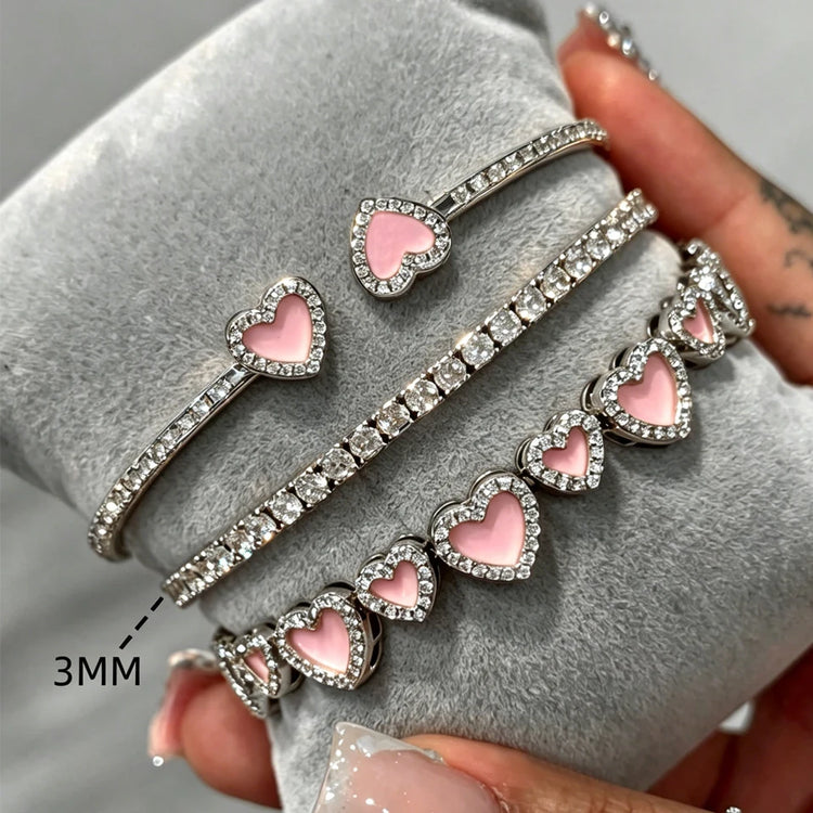 Yupsk 3pcs/set Pink Acrylic Oil Dripping Heart Stacking Bracelets for Women Girls Sweet Exquisite Jewelry Gift