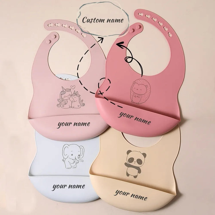 Custom Silicone Baby Bib with Name & Cartoon Print Pattern Food-Grade Solid Feeding Bib DZ13
