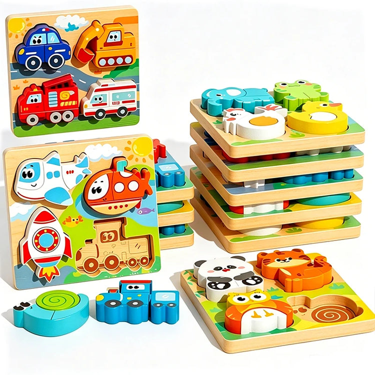 Montessori Wooden 3D Puzzle for Toddlers Animal & Vehicle Shape Matching Blocks Educational Sensory Learning Toy Kids 1-3 Years