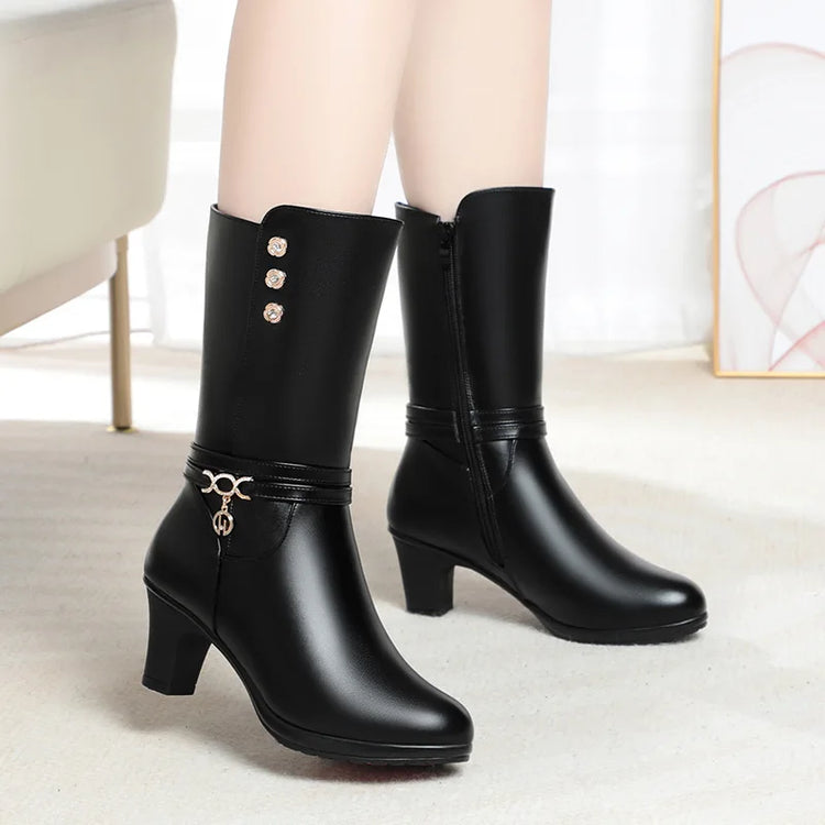 Women Winter Warm Mid Calf Boots Mum Cotton Shoes Metal Decoration Padded Soft Sole Solid Colour Side Zip Rhinestone Shoes
