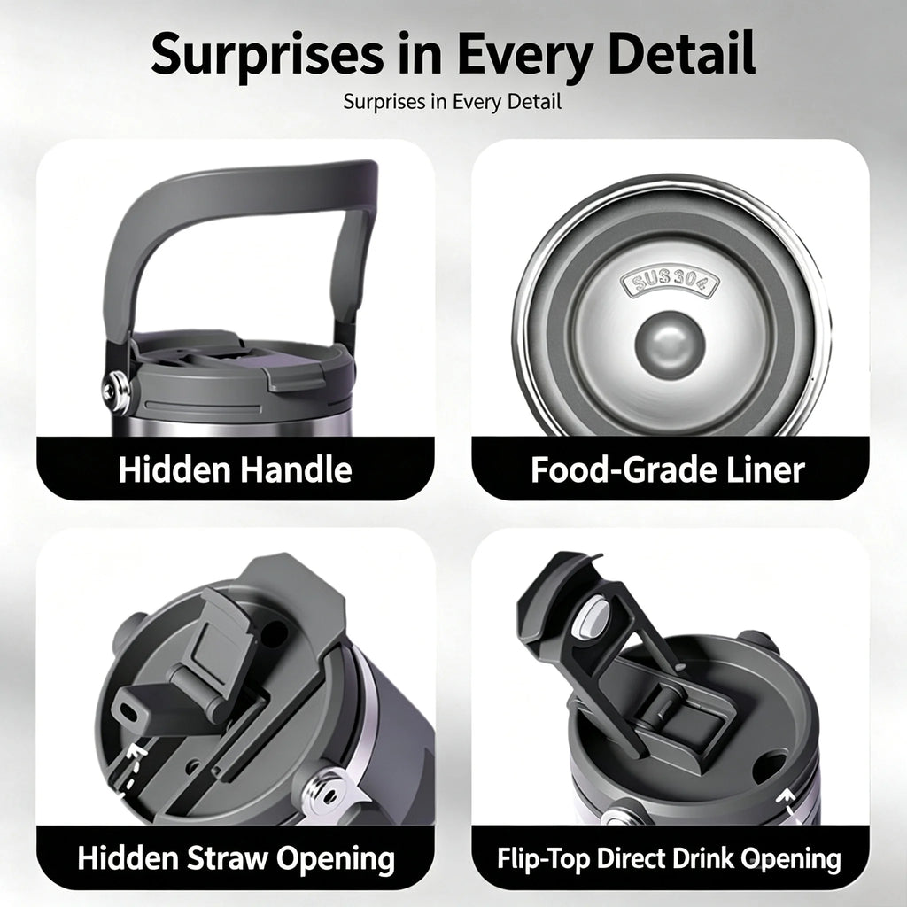 Car Thermal Mug Extra Large Capacity 900/1200ml Stainless Steel VacuumThermal Mug Handheld Portable Outdoor&Sport Water Cup