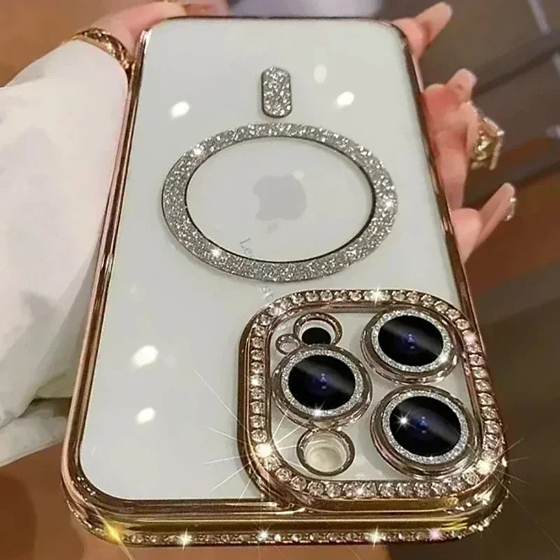 Fashion Glitter Diamond Transparent Case For iPhone 18 17 16 15 14 13 11 12 Pro Max Funda Magnetic Wireless Charger Bumper Cover