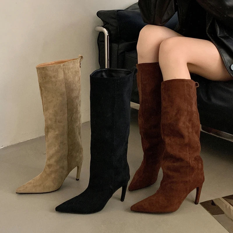 Aneikeh Fashion Winter Pointed Toe Knee-High Women Boots Thin Heels Shoes Female Punk Long Booties Zapatos De Muje