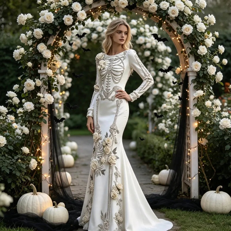 Halloween White Bone Skeleton Embroidered Long Sleeved Dress, Dark Rose Three-dimensional Flower Slimming Holiday Party Dress