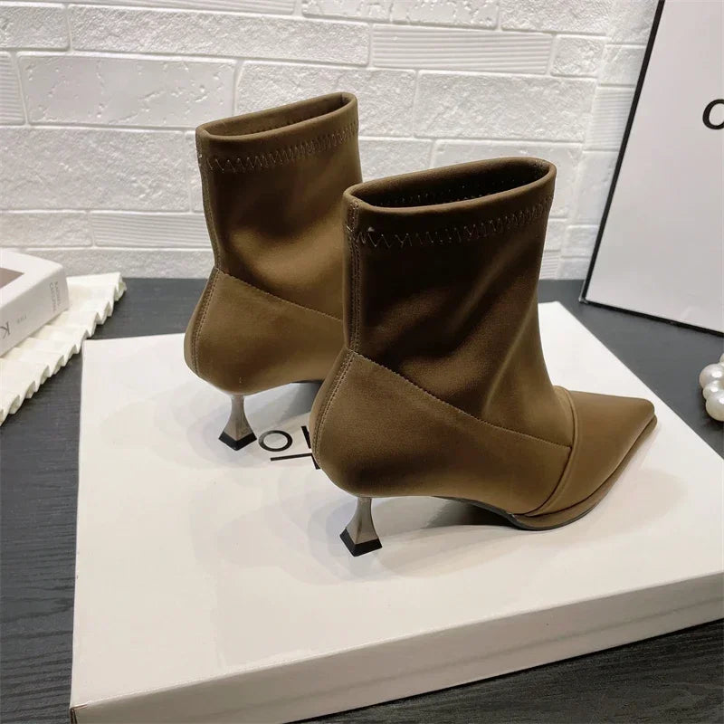 Ladies Shoes Elegant High Thin Heel New Satin Pointed Toe Short Boots Women Stretchce Temperament Ankle Boots Short Elegance