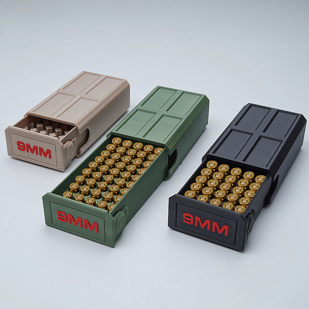 9mm pull-out ammo storage box; 50-round bullet ammo box storage case for shooting, hunting, firearm accessories, maintenance and