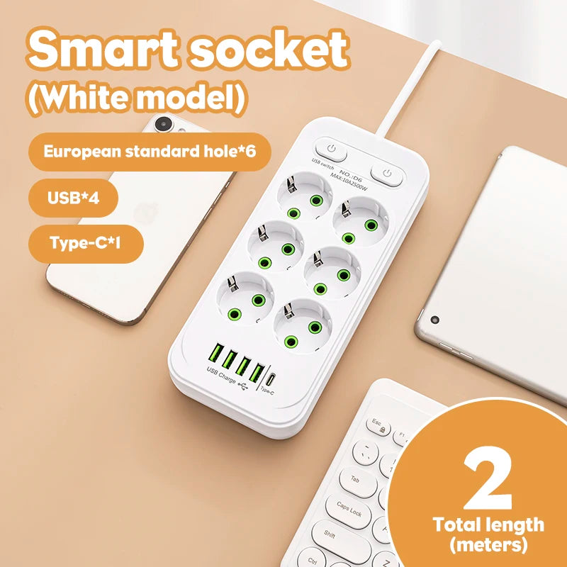 EU Plug AC Outlet Multitap Power Strip 2m Extension Cord Electrical Socket Smart USB Home Office Surge Protector Network Filter