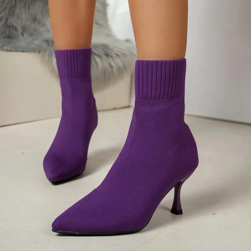 Spring Autumn Women Ankle Boots Slip-On Green Chelsea Boots Women Luxury Stretch Fabric Women Socks Shoes Pointed Toe High Heels