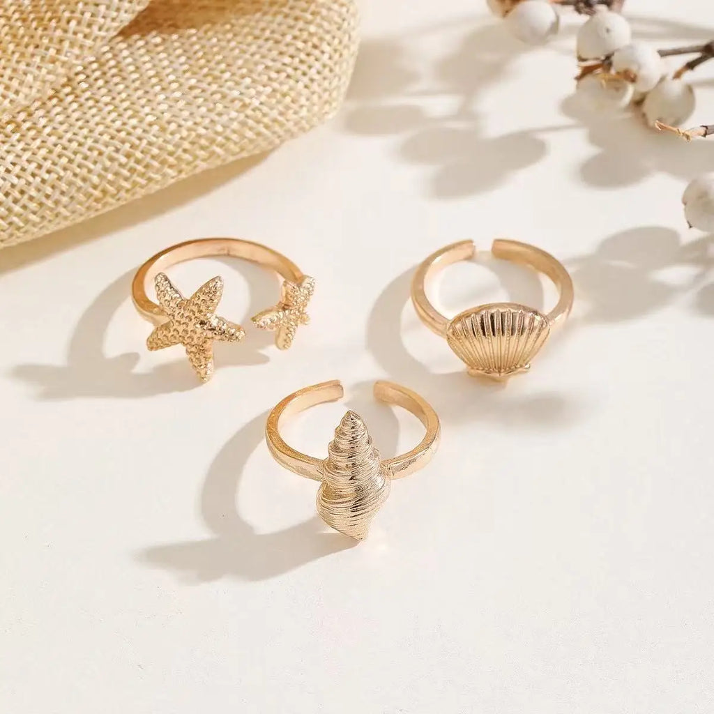 5PCS Fashionable, Simple, High Quality Gold Shell Conch Irregular Geometry Men's and Women's Ring Set