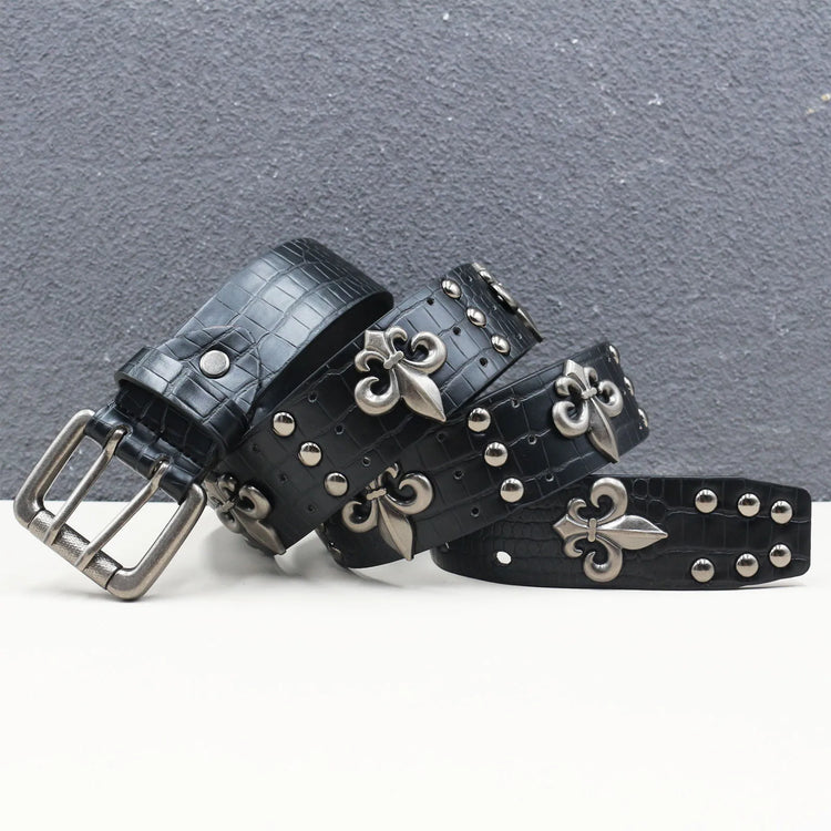 Double-needle buckle belt with heavy black crocodile pattern  Goth Skeleton Rivet Belt Trend Punk Hip-hop Belt Y2K Style Belt