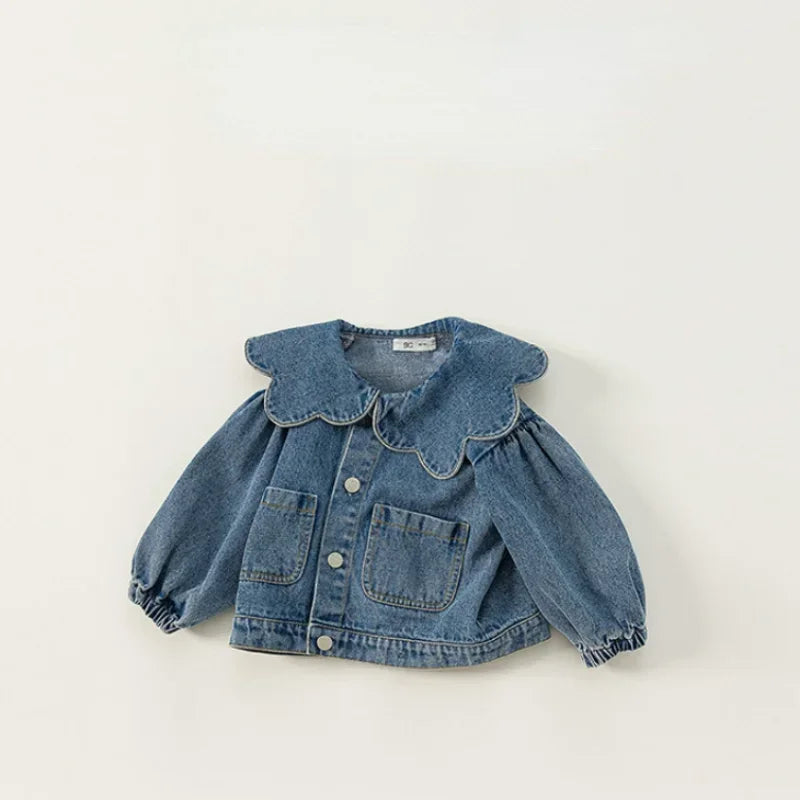 Korean Style Spring Autumn Kids Girl Denim Coat Ruffle Collar Long Sleeve Outerwear Children Fashion Versatile Clothes E82075