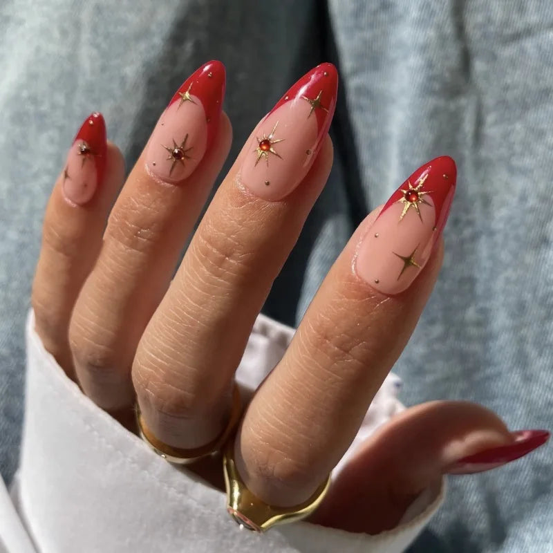 24Pcs French False Nails Almond Fake Nails with Glue Press on White Edge Design Wearable Simple Ins Pink Stiletto Nail Tips