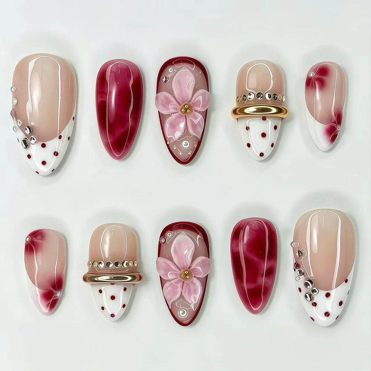 24PCS Pink Almond Press on Nails Full Cover Carved Flower 3D Ripples French Fake Nails for Women with Golden Pearl Wearable Nail