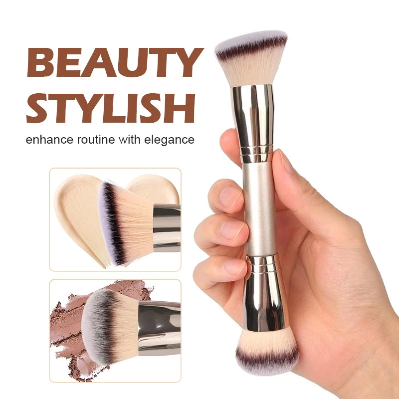 Dual Ended Foundation Brush for Liquid Powder Blush Concealer Contour, Professional Makeup Tool with Travel Pouch for Women Girl