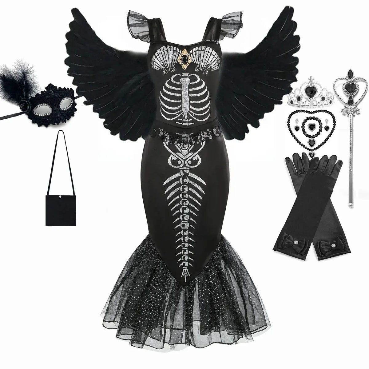 New Skeleton Little Mermaid Halloween Horror Costume Ariel Princess Costume Kids Birthday Party Prom Dress For Girls
