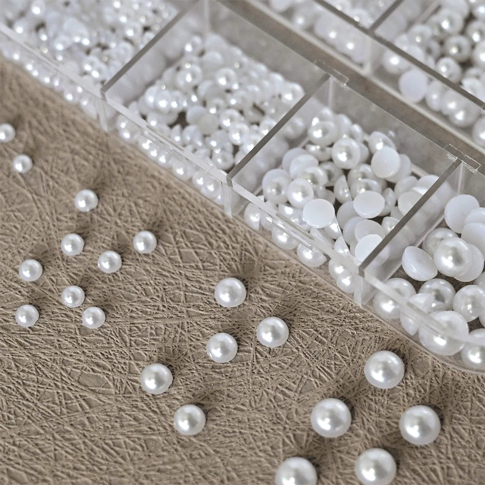 12grids Half Round Pearls Beads 3D Nail Charms 1.5/2/2.5/3/4/5mm White Flatback Pearls Nail Jewelry Nail Craft Pearl Rhinestones
